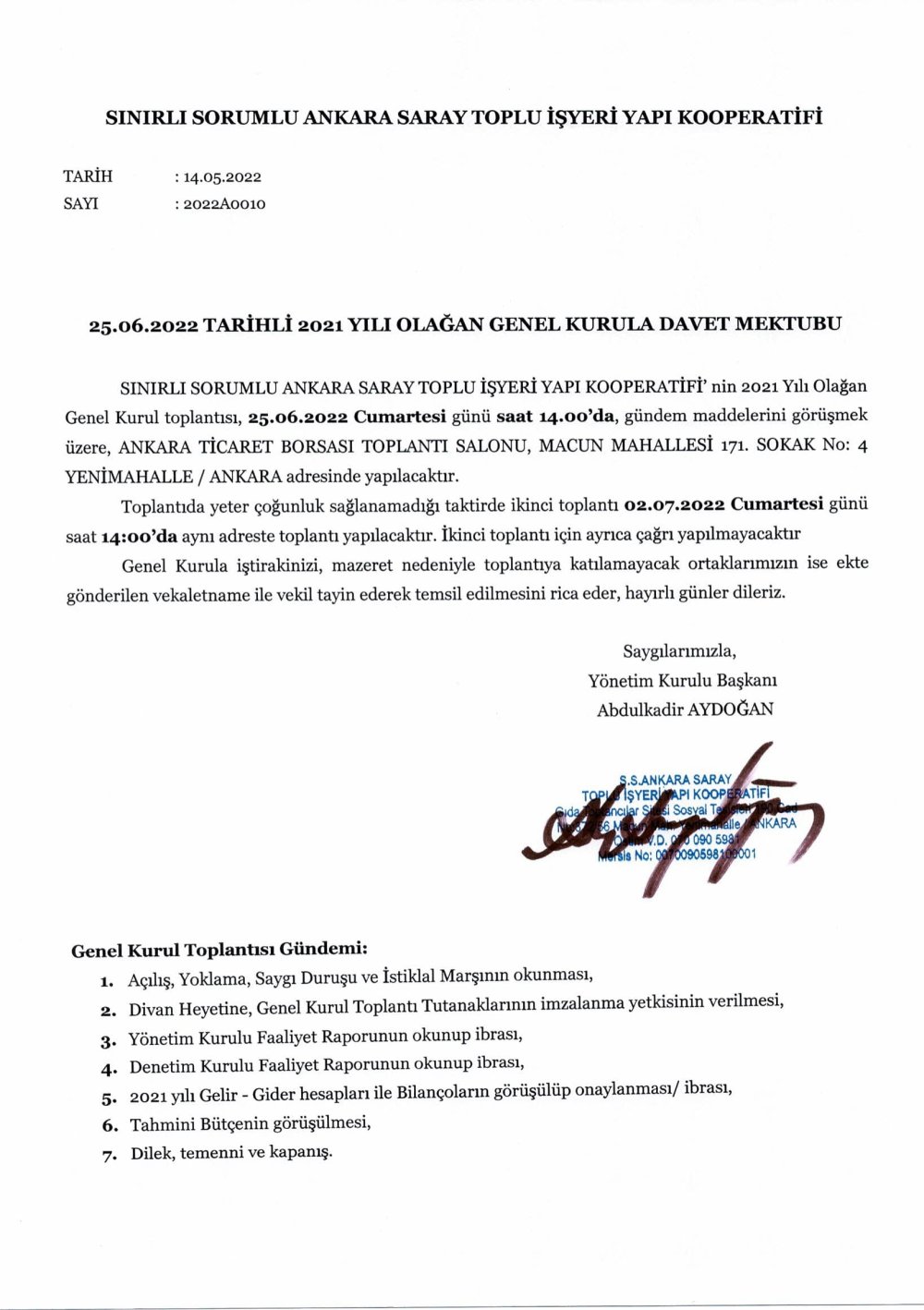 25.06.2022 Tarihli 2021 YILI OLAĞAN  GENEL KURULA DAVET MEKTUBU